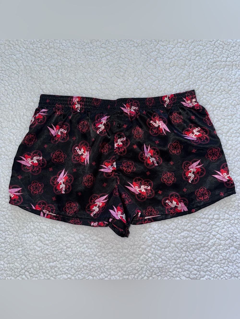 Disney red black satin Tinkerbell fairy boxer sleep micro shorts elastic waist
